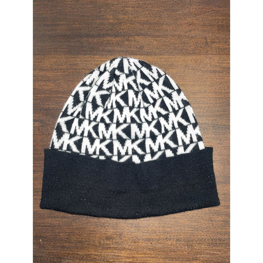 Michael Kors Women's Black/White Logo Print Cuffed Beanie Hat - One Size